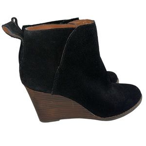 Lucky Brand Yeezah Wedge Black Suede Leather Ankle Boots Bootie Sz 7.5